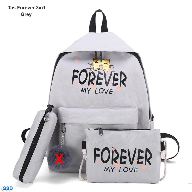 Tas forever 3in1/tas ransel+tas selempang+cluth perempuan/paket tas murah motif lucu