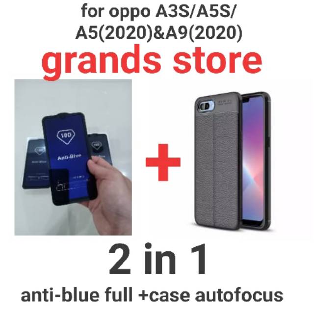 (2in1)Tempered glass Antiblue full+case autofocus oppo a3s/a5s/a7/f9/f11/a5/a9/a12/a31/a52/a72/a92