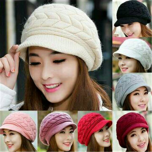 Topi Kupluk  Rajut  Fur Topi Rajut  Wanita  Import Shopee 