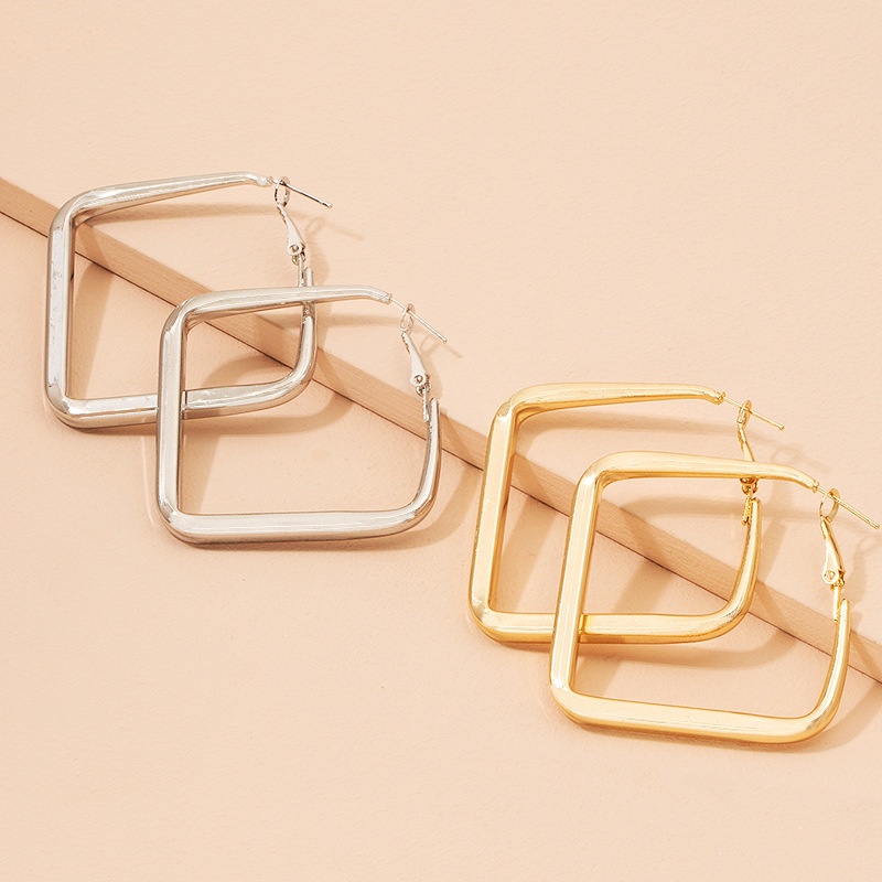 Anting Geometris Besar Anti Karat Bentuk Kotak warna Gold Silver Anting Titanium 5.8cm Hoop Earrings-6