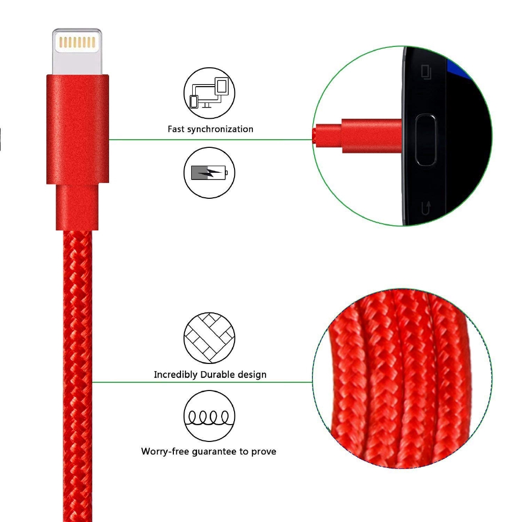 Kabel Data / Charger USB Fast Charging Bahan Nilon Kepang 1M 2M 3M Untuk iPhone x / 7 / 6 / 5