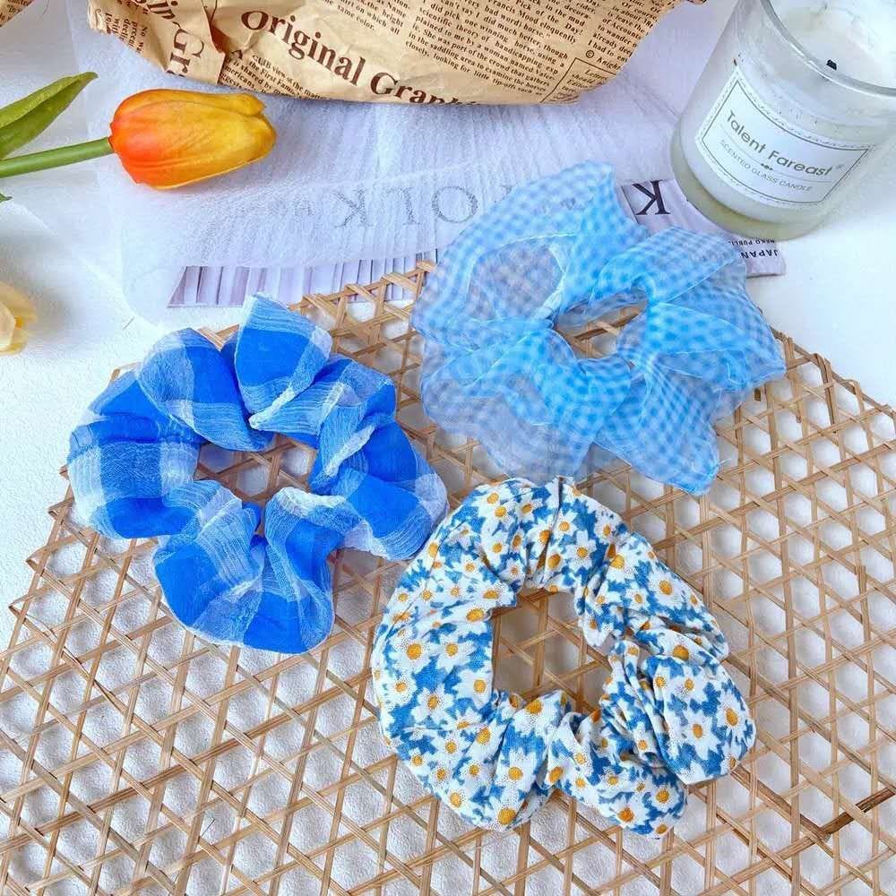 （ 27AN.ID ) COD 3Pcs/Set Ikat Rambut H159 Scrunchies Ponytail Elastis Bhn Sifon Motif BungaDaisy-4