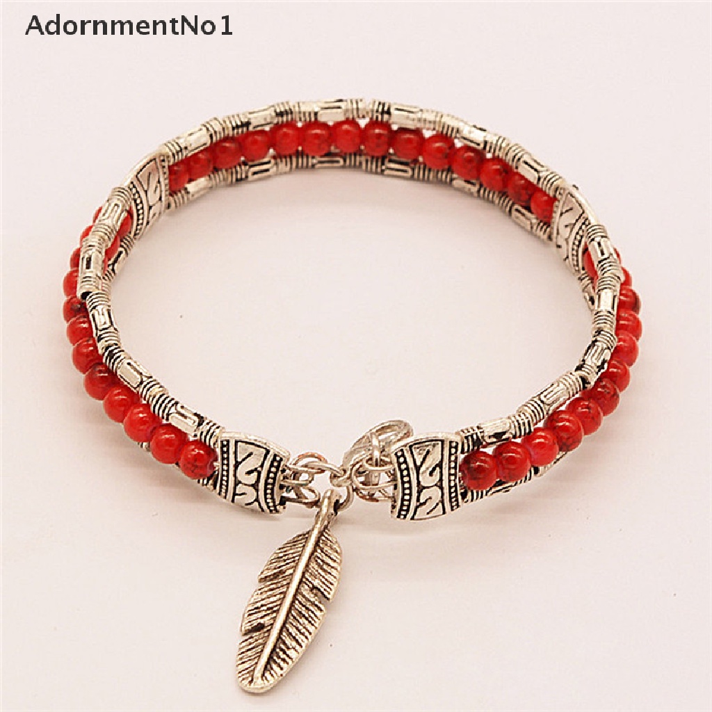 (AdornmentNo1) Gelang Tangan Silver Gaya Tibet Vintage Bohemia Motif Bulu + Batu Turquoise Untuk Wanita