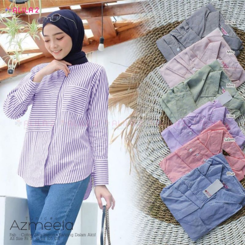 (AZMEELA TUNIK) KEMEJA BLOUSE BAHAN KATUN ZARA IMPORT MOTIF SALUR