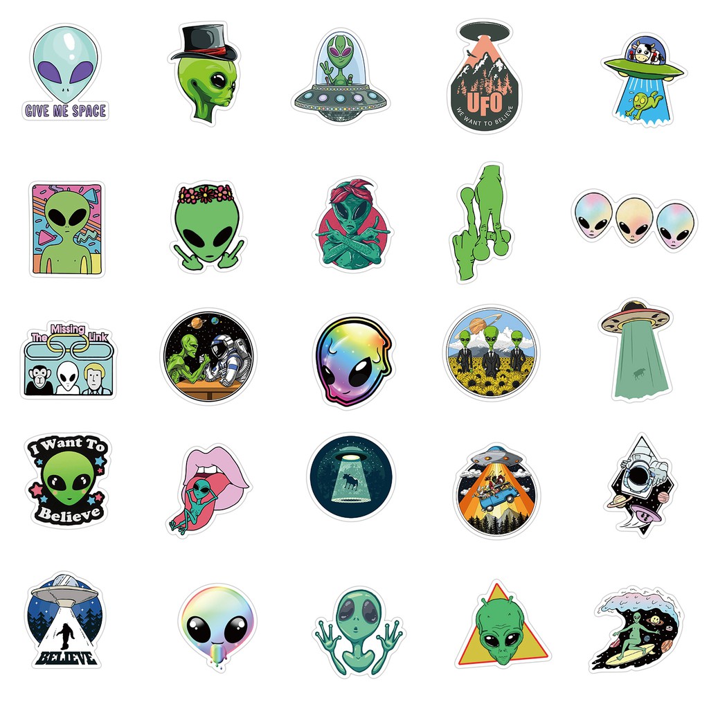 50pcs Stiker Graffiti Kartun Alien Bahan Pvc Anti Air Untuk Laptop