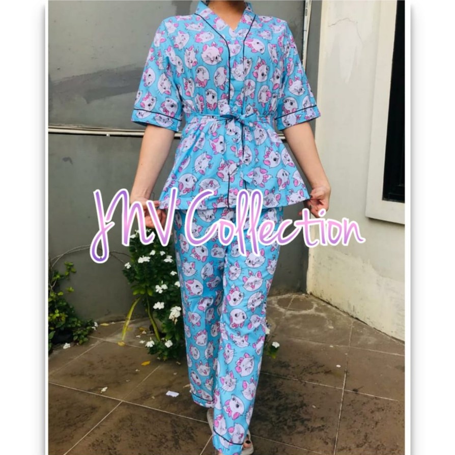 JNV Setelan Kimono CP Wanita Motif Karakter Kartun - Baju Tidur Kimono Lengan Pendek - Bahan Katun-KMarie Cat Biru