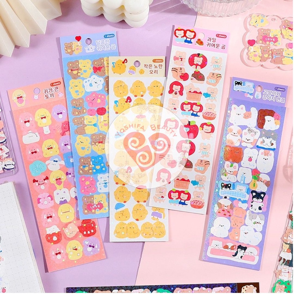 Sticker PVC PET Laser | Stiker Glitter Motif Kartun Korea per 1 lembar | Sticker Bear Bunny Girl &amp; Puppy