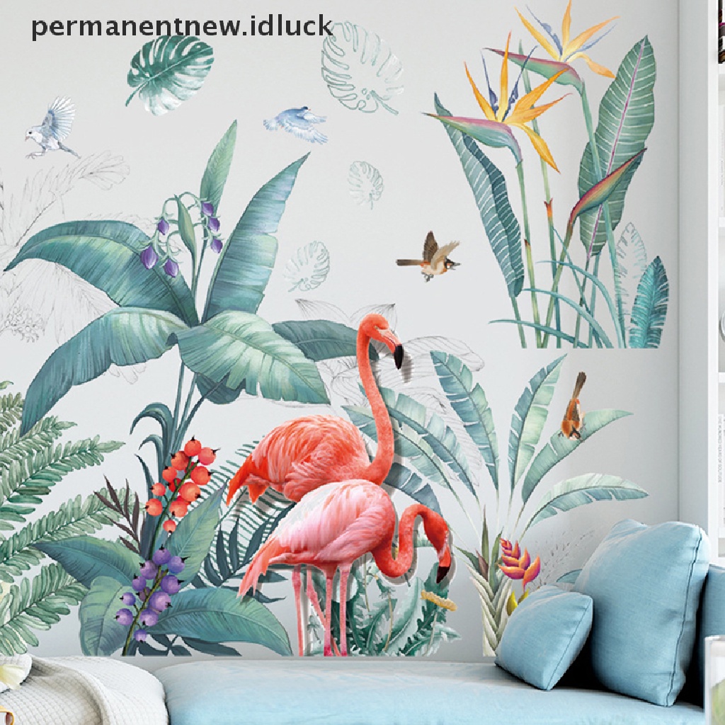 Stiker Dinding Decal Desain Flamingo Daun Hijau Tropis Untuk Dekorasi Ruang Tamu