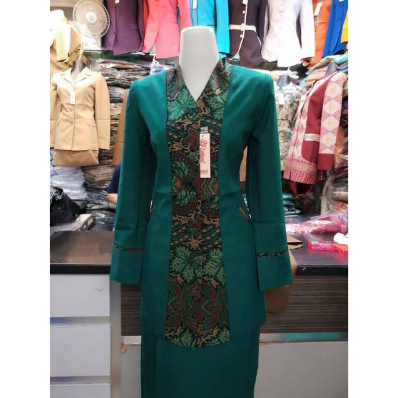 Blazer Kerja Wanita Hijau Botol motif Batik Stelan Rok Baju Dinas Wanita Seragam Kerja Kantor Baju S