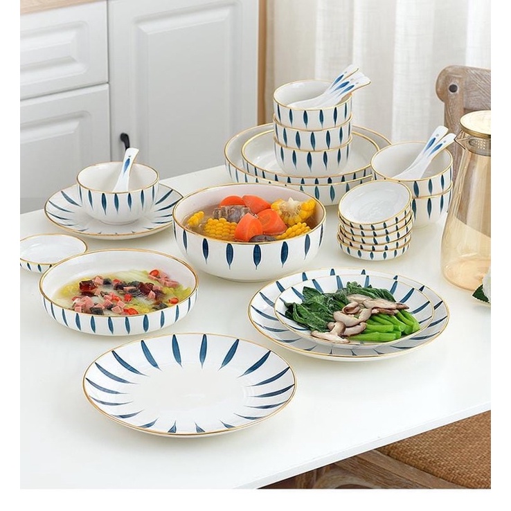 Piring set garis biru LIST GOLD isi 9pcs cocok buat hadiah free box