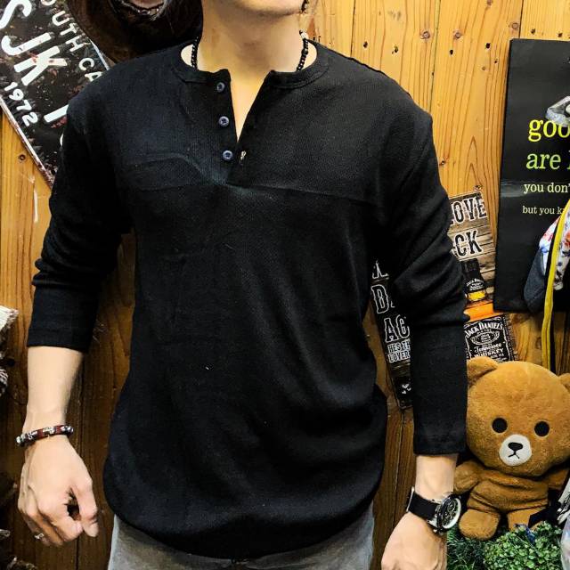 Sweter distro long sleve  sweter kancing button sweter polos wafer bahan wafer