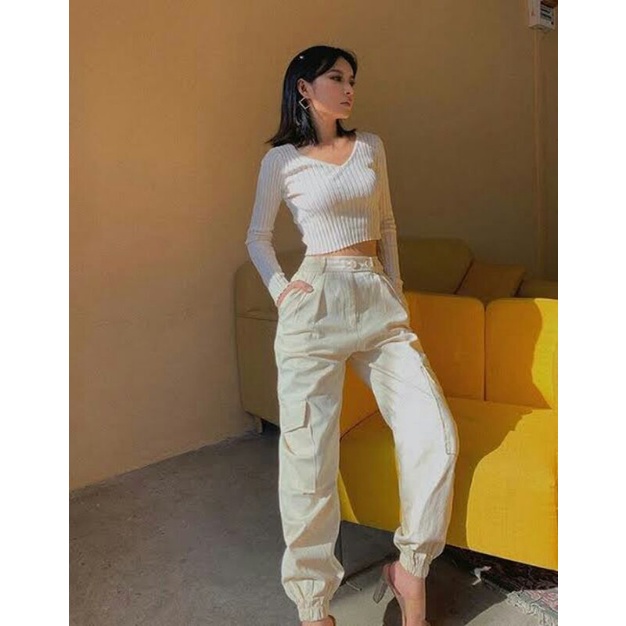Jogger Pants Cargo White/ Fashion Wanita Celana Cargo Jogger Warna Putih y2k