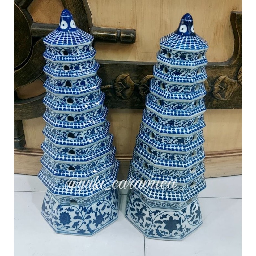 pagoda keramik 1 set isi 2/pajangan pagoda keramik/pagoda keramik china/pajangan keramik china biru 