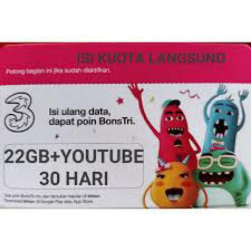 52 GB Kuota Tri 22gb + 30gb Youtube 30Hr Nasional