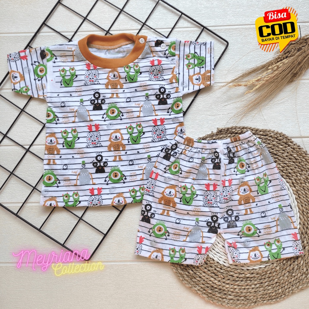 Setelan Baju Bayi Lengan Pendek Kaos Oblong Kancing Bahu Anak Usia 3-12 Bulan Motif Monsters Ink Meyriana Collection