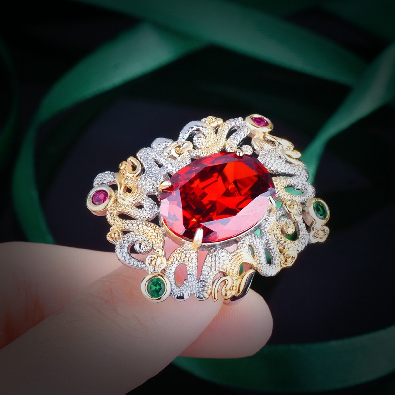 Cincin Geometris Bentuk Oval Kubik Zirkonia Warna Merah Gaya Vintage Klasik Untuk Wanita