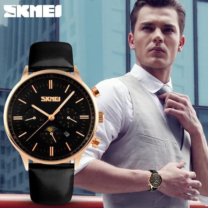 Promo Gila Jam Tangan Pria Cowok Original Asli Skmei Kulit Tahan Air Casio Rolex - Hitam