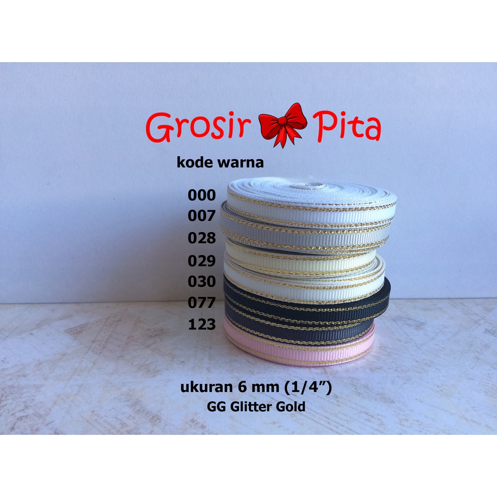 

(25 yard) Pita Grosgrain Glitter Gold ukuran 0,6 cm (1/4″) pg 1 | Pita Premium | Toko Bahan Craft | Grosir Pita