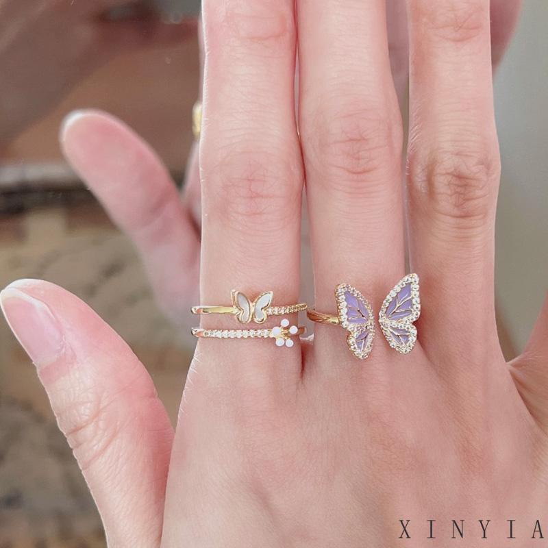 【Bayar di tempat】Niche Cincin Unik Mutiara kelas atas-Won Butterfly Cincin Desain Kupu-Kupu Aksen Mutiara Untuk Wanita