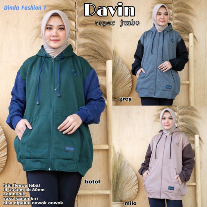 JAKET HOODIE WANITA DAVIN SUPER JUMBO FLEECE TEBAL ORI BY DINDA FASHION LD 134 PB 80 UNISEX LD 134-2