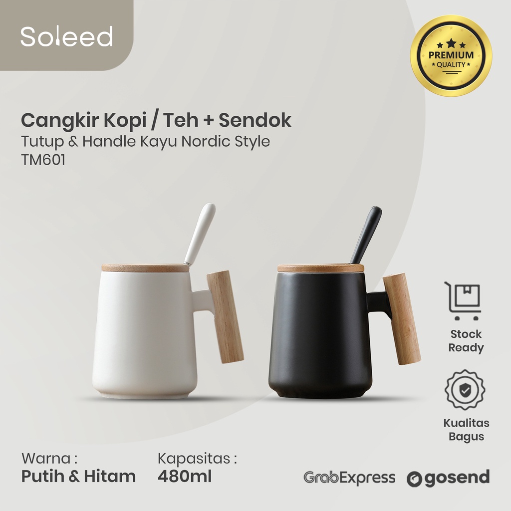 CANGKIR TEH KOPI TUTUP DAN HANDLE KAYU SENDOK NORDIC COFFEE MUG TM061