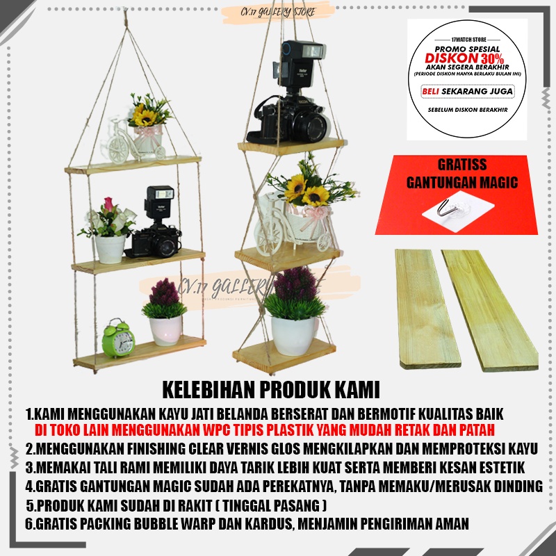 Rak Papan Hiasan Ambalan Tempat penyimpanan Bunga Buku make up Kosmetik Bumbu Dapur Gantung Macrame Wall Hanging Tali Rami Dekorasi Dinding Dingding Tembok Kayu Jati Belanda Tempel Susun Serbaguna Kamar Tidur Ruang Tamu Cowok Minimalis Aesthetic Murah Rg4