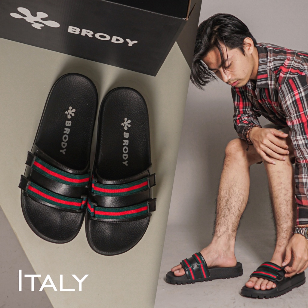 Brody ITALY Sandal Slop Pria Keren Sandal Kulit Cowok Casual Model Slide Kekinian