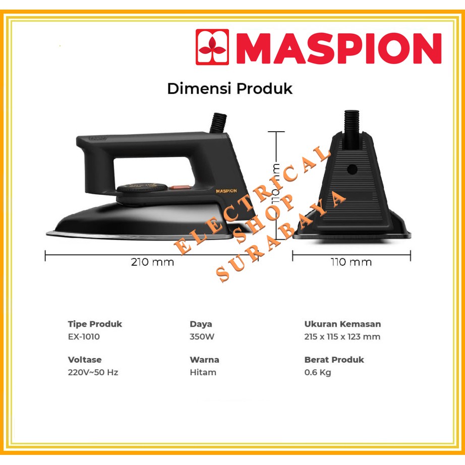 MASPION SETRIKA EX-1010 BLACKBERRY HITAM 350W GOSOKAN BAJU LISTRIK ANTI LENGKET EX 1010 EX1010 350 WATT ORIGINAL