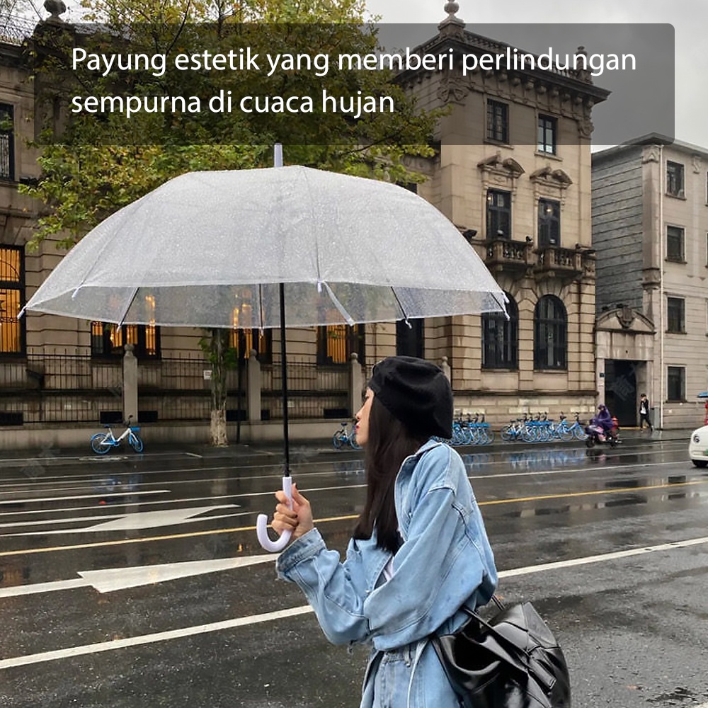 HUGO Payung Transparan Tongkat Korea Style Payung Polos Bening Otomatis