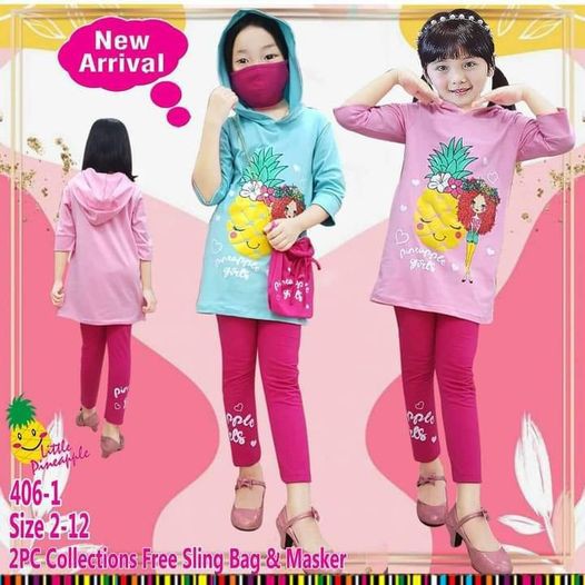 Stelan Tunik Little Pineaple Hoodie Size 2-4 Biru Tosca