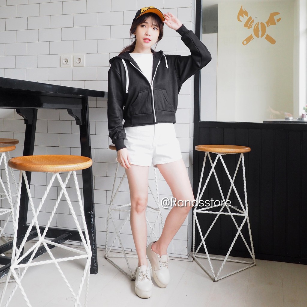 JAKET HOODIE CROP ZIPPER HITAM SIZE S - M / UNISEX / PRIA DAN WANITA / SWEATER POLOS