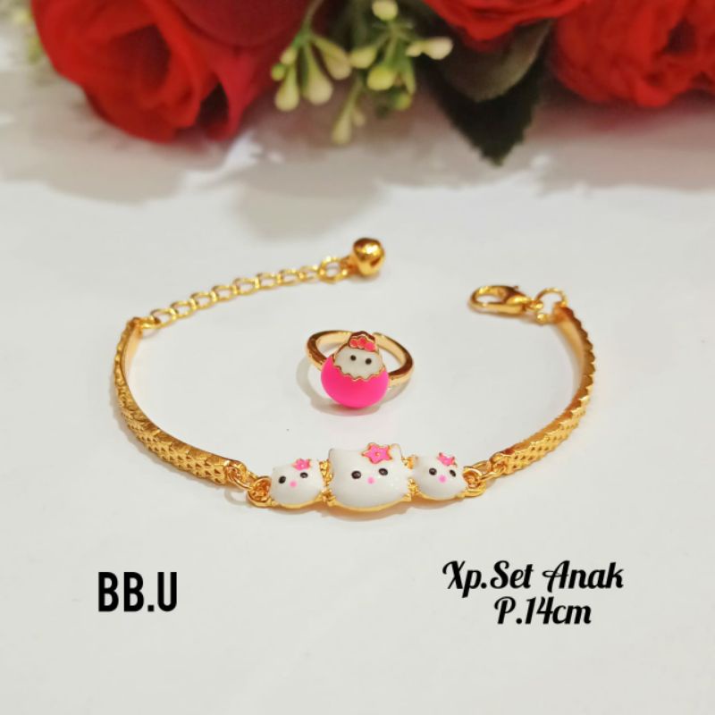 Gelang free cincin,motif Patah Plat Karakter kepala tiga hello Kitty Gold,tidak karat COD