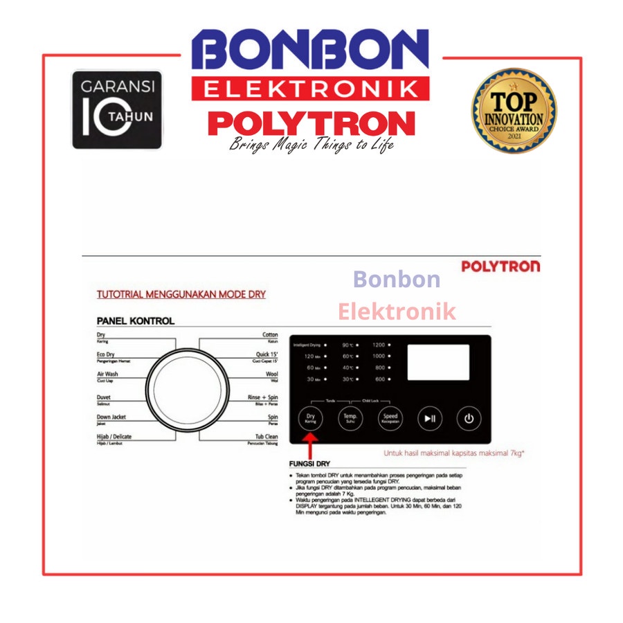 Polytron Mesin Cuci Front Loading 11KG/7KG Dryer PFL 1105 Inverter