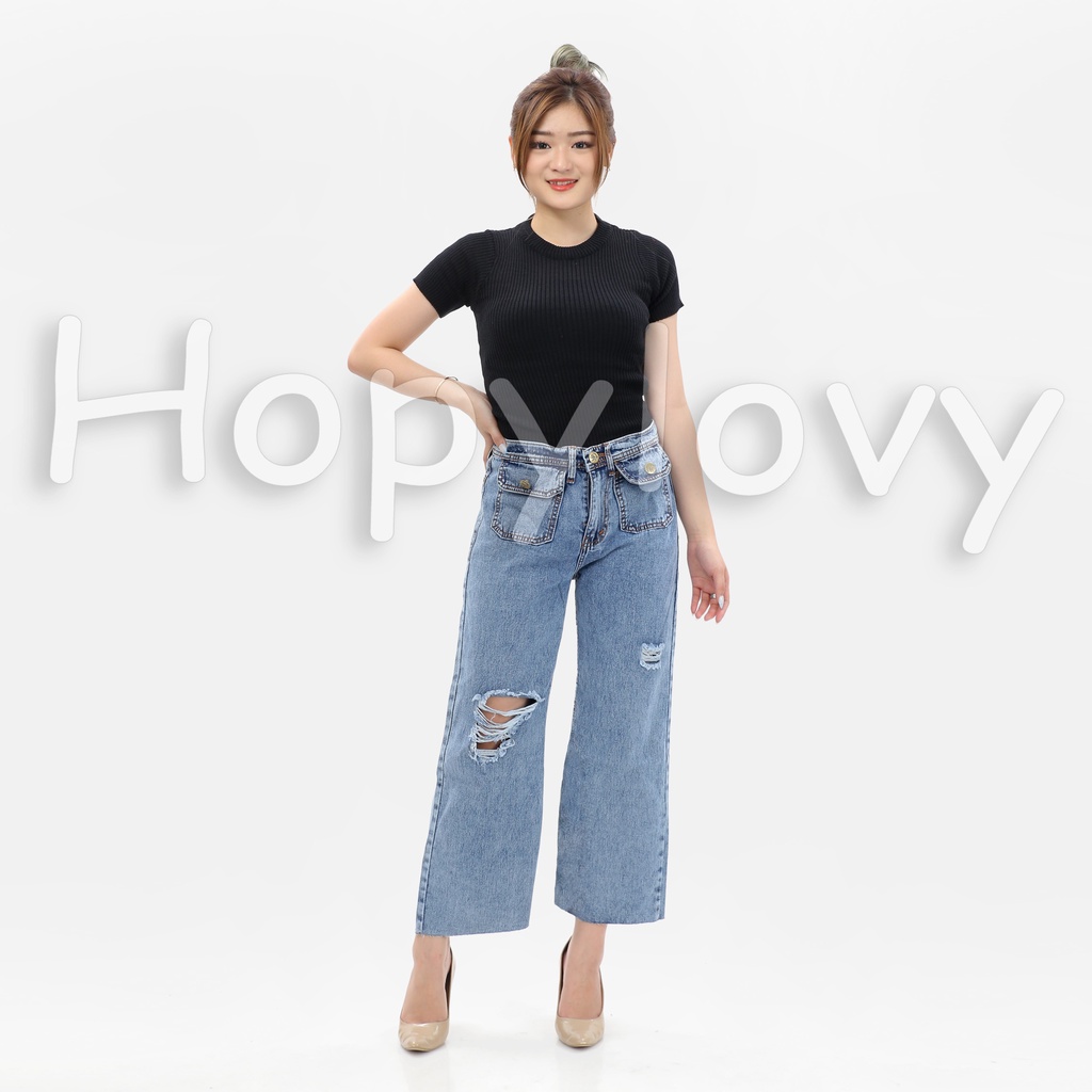 HOPYLOVY Celana Kulot Highwaist Jeans Wanita BF Ripped Unfinished Jehana