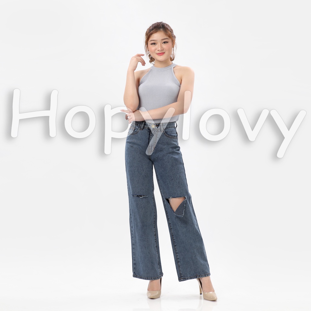 HOPYLOVY - Celana Kulot Jeans Wanita Sobek Destroy Lutut Nessa