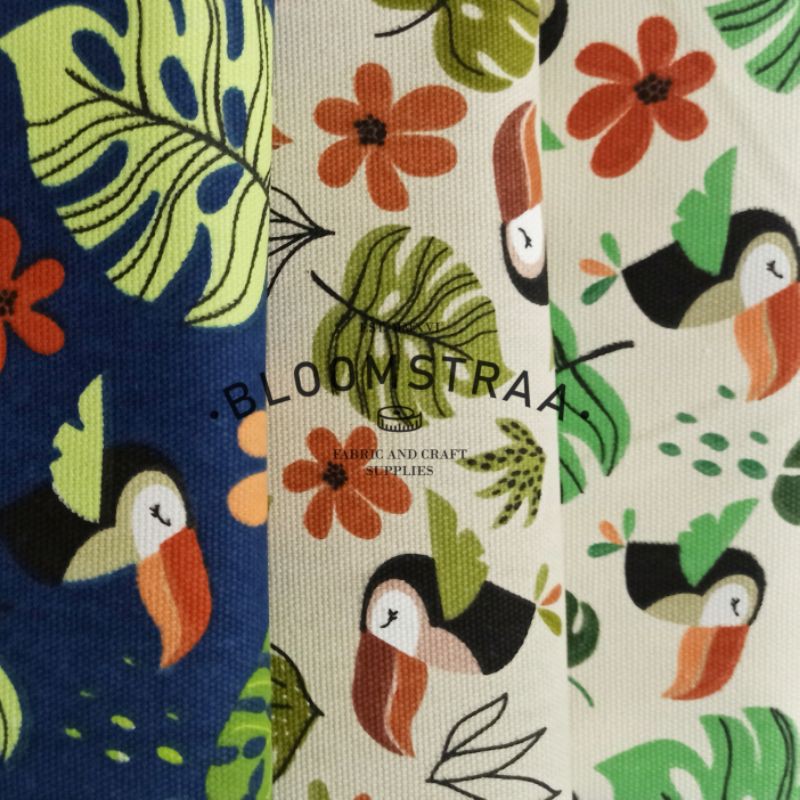 Kain Kanvas Toucan NAVY canvas Tukan bahan kanvas motif Burung Rangkong 0,5 meter