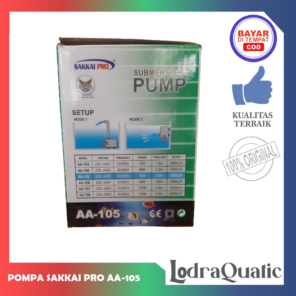 POMPA KOLAM SAKKAI PRO AA 105 POMPA KOLAM IKAN SAKKAI PRO AA 105 NAIK 3 METER POMPA 3000 LITER PER JAM POMPA AIR HIDROPONIK POMPA KOLAM KECIL POMPA AQUARIUM BESAR FILTER AQUARIUM FILTER KOLAM IKAN KOI FILTER POMPA AIR LAUT MARINE FILTER IKAN CHANNA