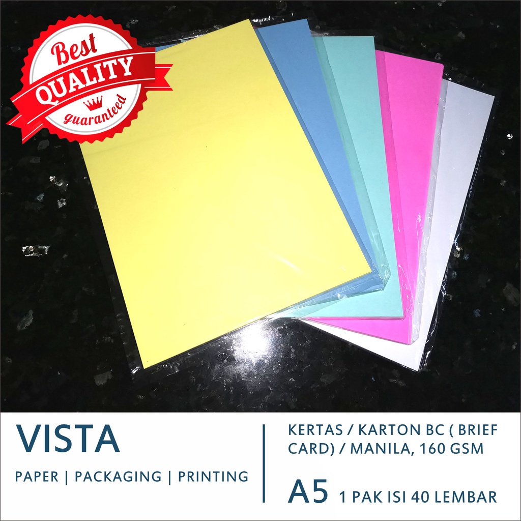 

Kertas / Karton BC (brief card) / Manila Putih dan Warna, A5, 160 Gsm
