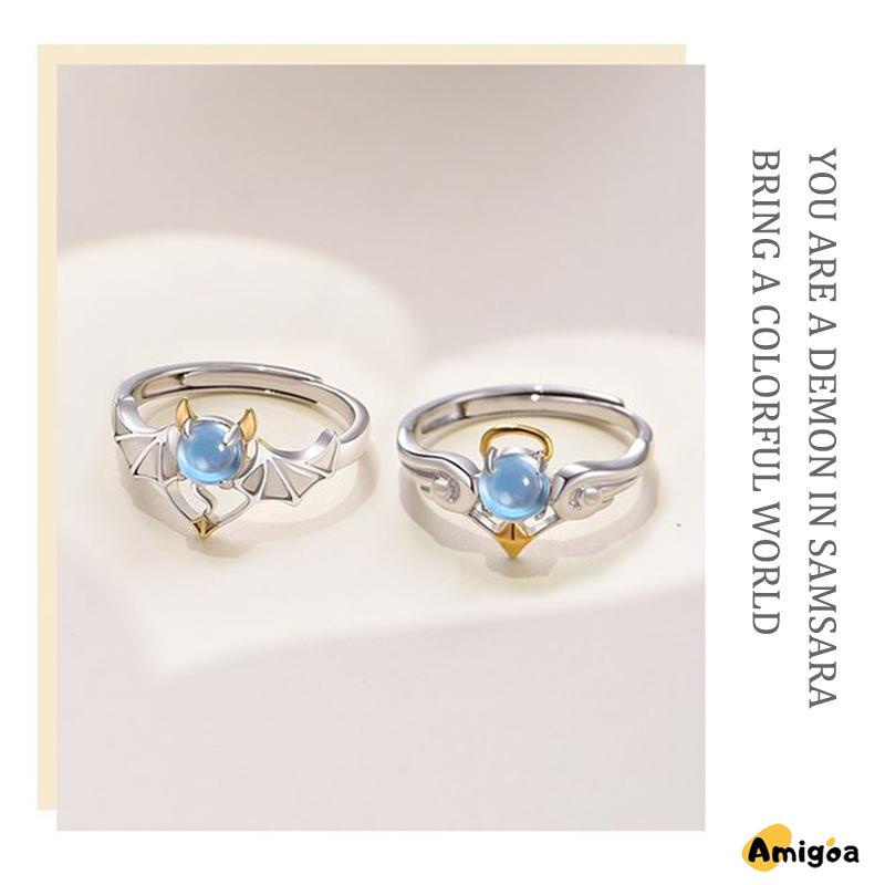 Perhiasan Cincin Pasangan Perak Biru Moonstone Malaikat Setan - AG2 - AG2