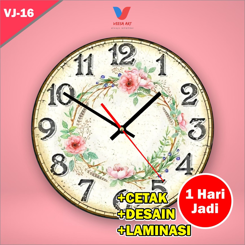 Jam dinding kamar unik vintage flower bunga fintage minimalis kayu ruangan dekor pajangan dinding