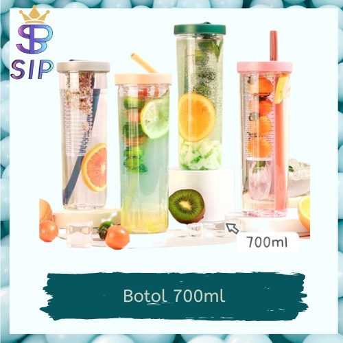 Botol minum 700ml transparan portable sedotan lipat