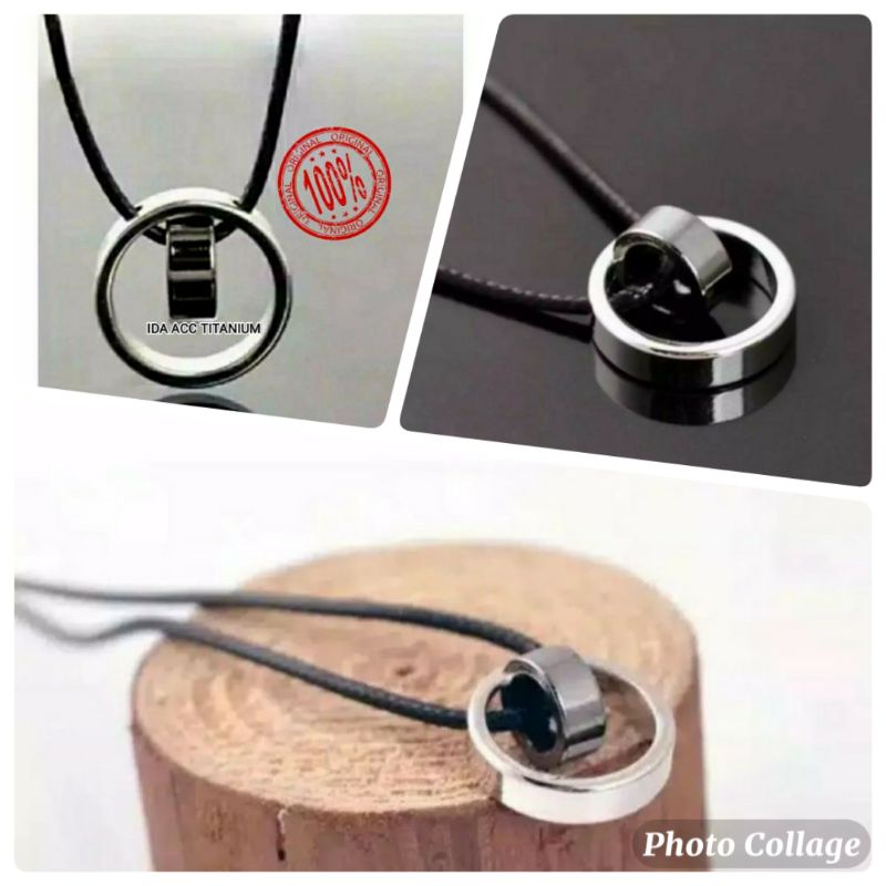KALUNG TALI HITAM LIONTIN /BANDUL CINCIN TITANIUM CEWEK DAN COWOK KEREN UNIK TERBARU