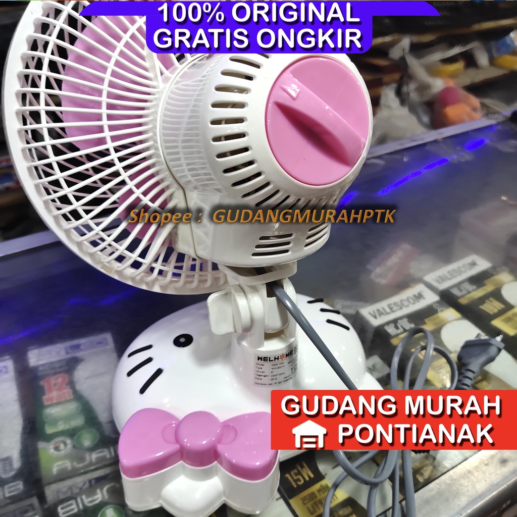 Kipas Angin Karakter Hellokitty Desk fan Welhome Putih Pink PROFAN SWING bisa menoleh