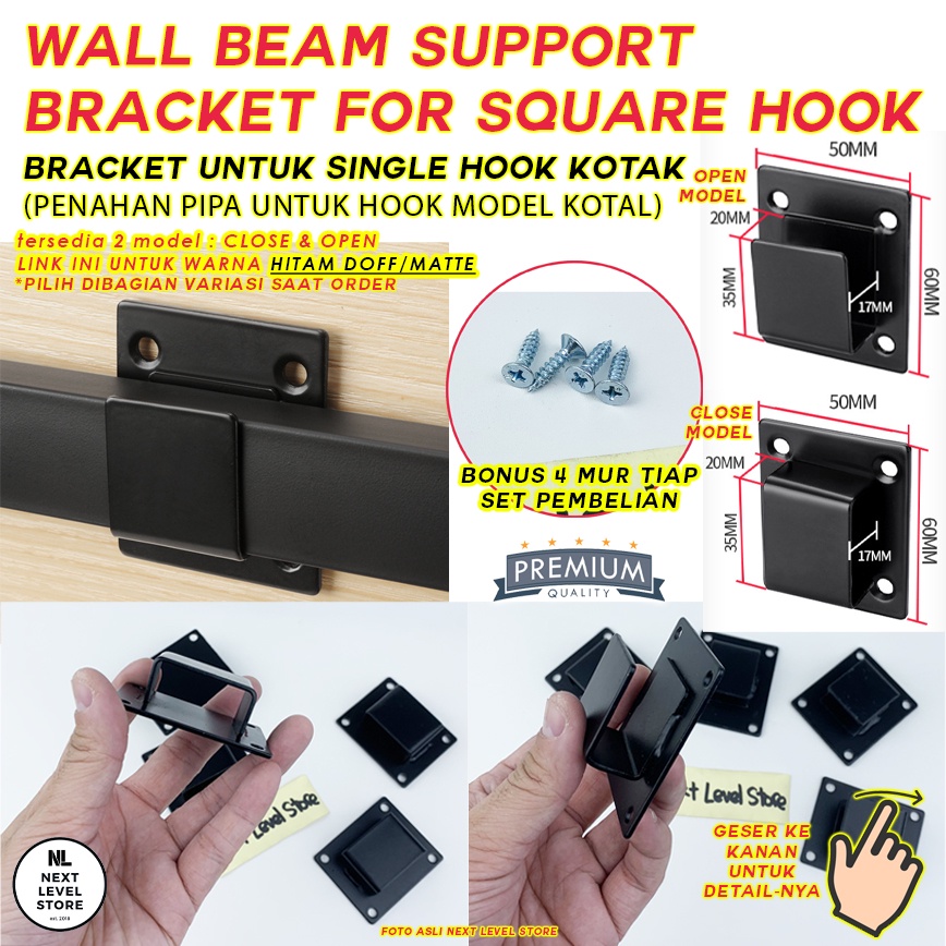 Bracket Wall Support Single Hook Kotak Cantolan Pipa Besi - HITAM - ada 2 model , PILIH DI VARIASI