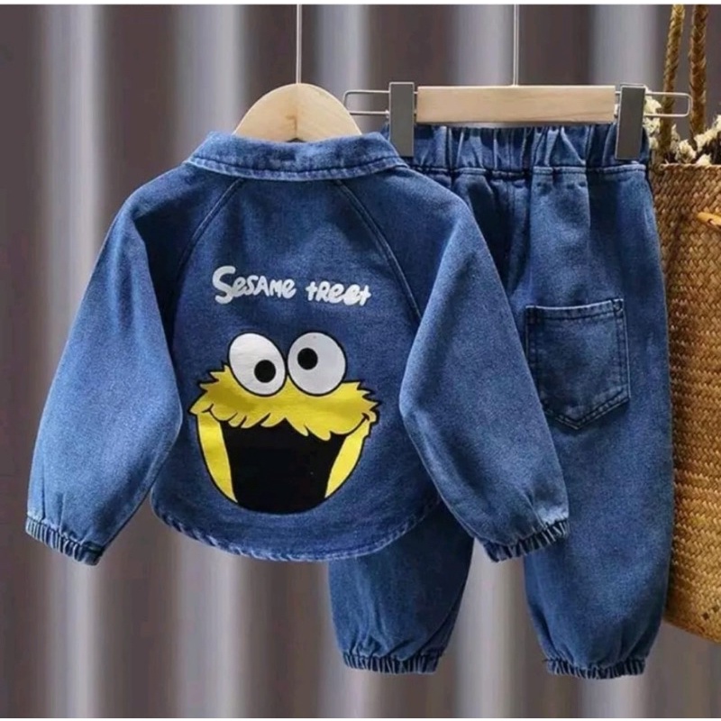 trendy Setelan sweater jeans kerah bayi anak motif sesame usia 6 bulan-5 tahun bahan jeans terbaru termurah terlaris/ Setelan sweater jeans kerah bayi anak perempuan/ Setelan sweater jeans kerah bayi anak cewek/ Setelan sweater jeans kerah bayi anak cewe