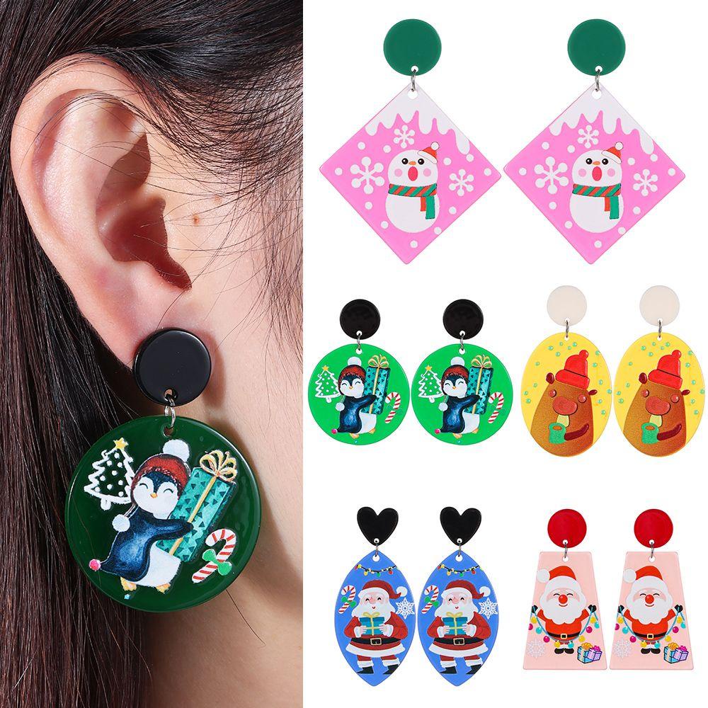 R-bunga Anting Natal Mode Kreatif Snowflake Snowman Xmas Hadiah Akrilik