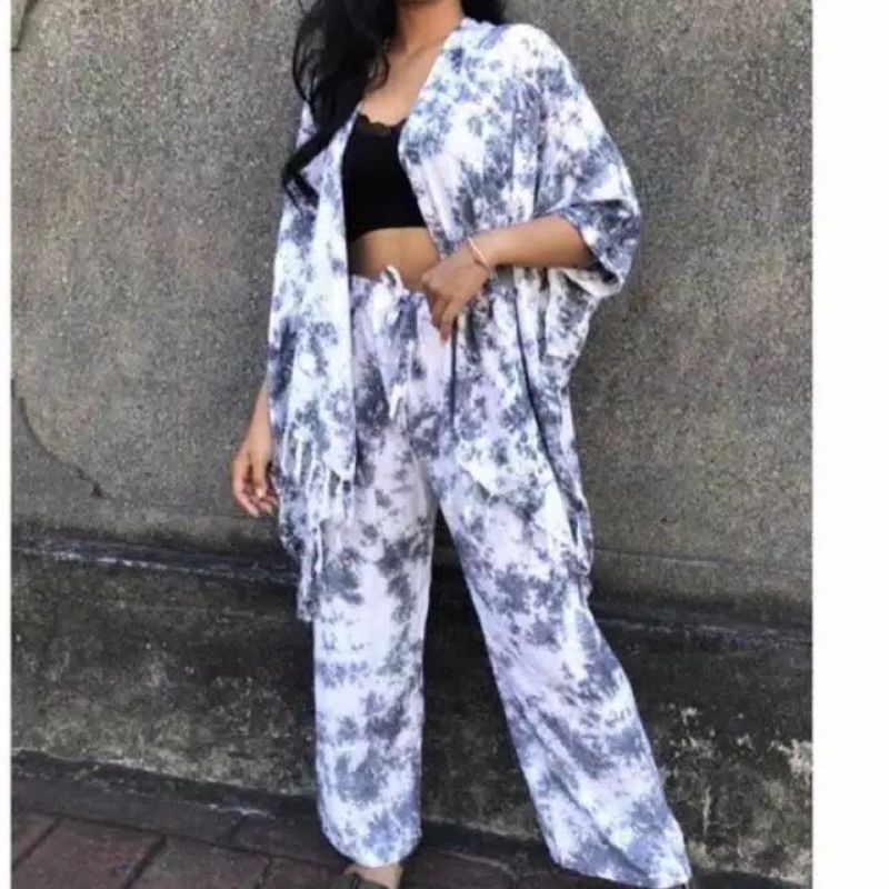 SET OUTER CARDIGAN TIE DYE KARDIGAN TIE DIE TIEDYE-Putih bercak abu