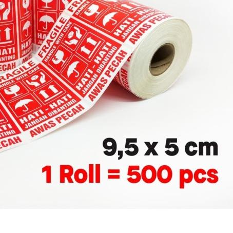 

☋ Sticker Label Fragile Hati-Hati Awas Pecah 9,5x5 cm (1 roll/ 500 pcs) - Dasar Merah ➼