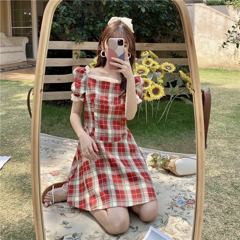 Arla squareneck dress kotak korean mini puffy sabrina dress vintage