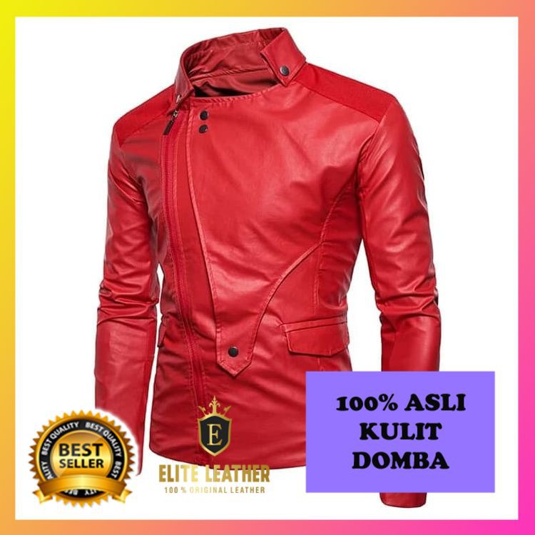 JAKET KULIT PRIA ASLI KULIT DOMBA GARUT WARNA MERAH STYLE BERGARANSI. EL46